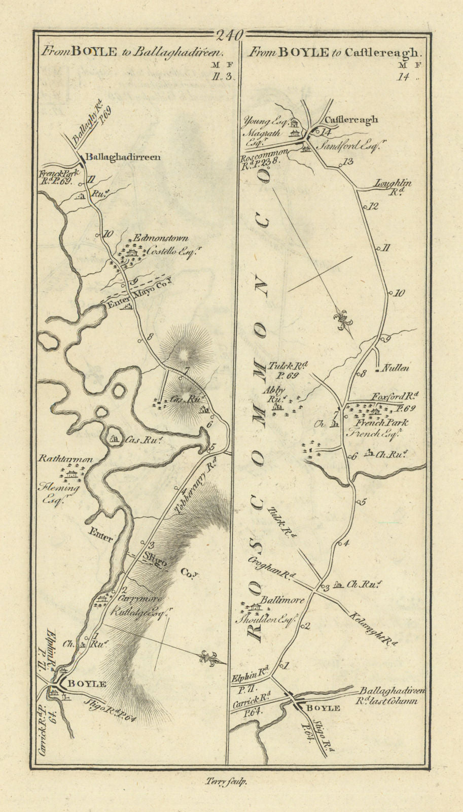#240 Boyle to Ballaghaderreen & Castlerea. Roscommon. TAYLOR/SKINNER 1778 map